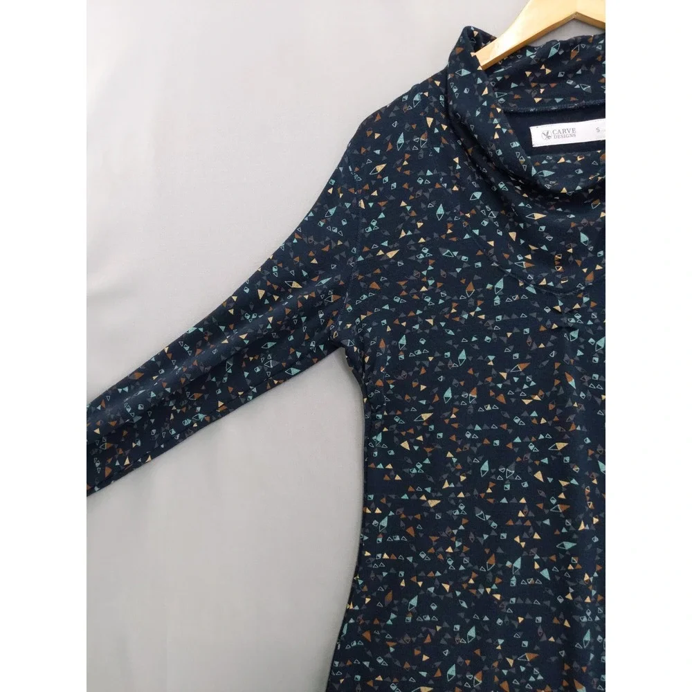 Carve Designs Cowl Neck Dress Women S Navy Geometric‎ Long Sleeve A-Line